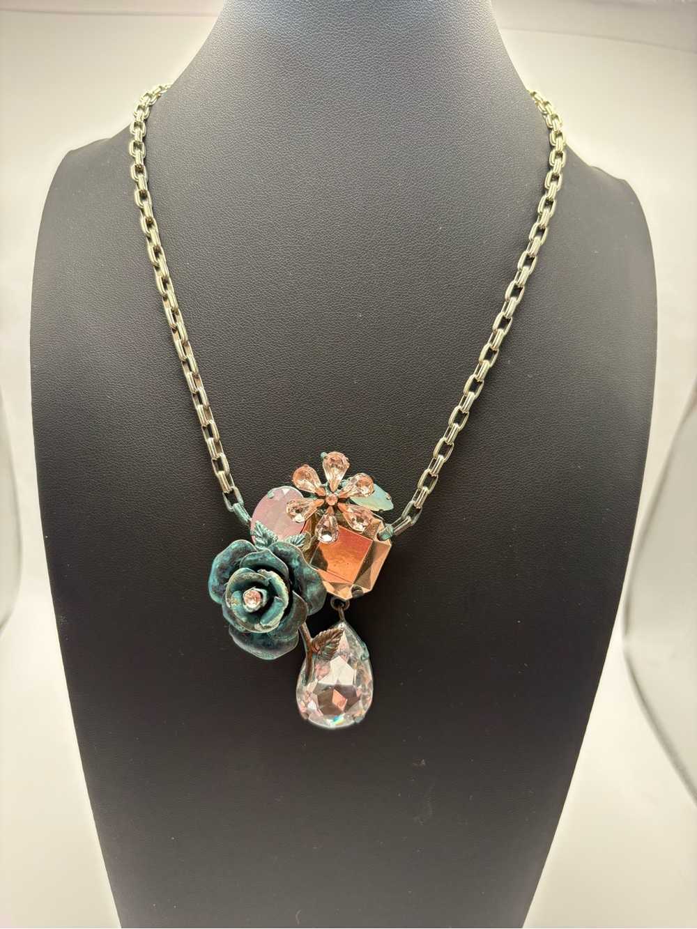 Betsey Johnson Teal Flower and Rose Gold Crystal Pendant Necklace
